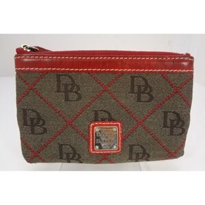 Dooney & Bourke Brown Red Monogram Diamond Stitch Coated Canvas Coin Purse Pouch